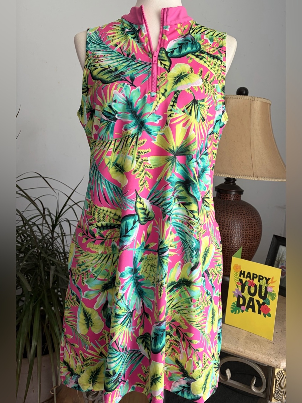 Tommy Bahama Pink Tropical Leaf Sleeveless Dress With Pockets & Front Zip Size L - Picture 16 of 16